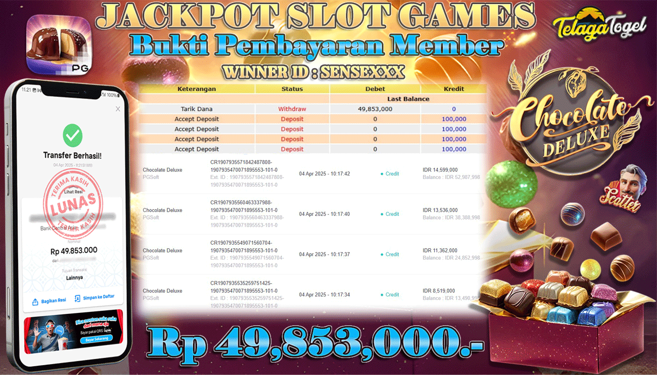 TELAGATOGEL JACKPOT SLOT CHOCOLATE DELUXE Rp 49,853,000,- LUNAS 