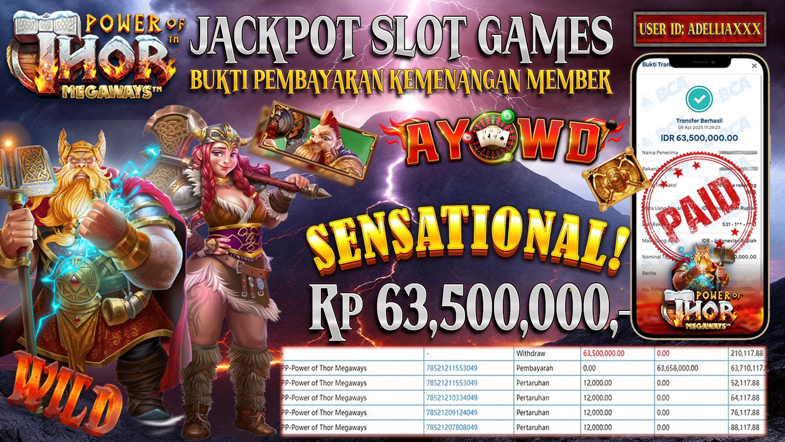 AYOWD JACKPOT SLOT GAMES PP-Power Of Thor Megaways 63,500,000 LUNAS
