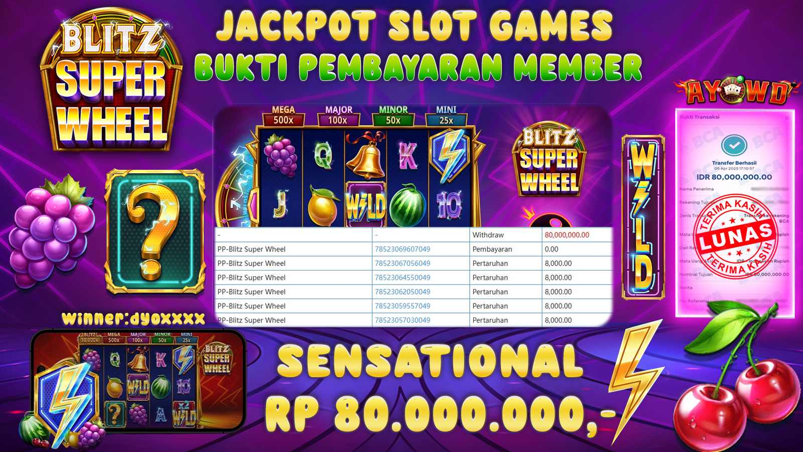 AYOWD JACKPOT SLOT GAMES PP-BLITZ SUPER WHEEL Rp 80,000,000,- LUNAS
