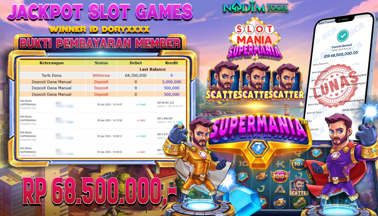 NADIMTOGEL JACKPOT SLOT MANIA SUPERMANIA Rp 68,500,000,- LUNAS