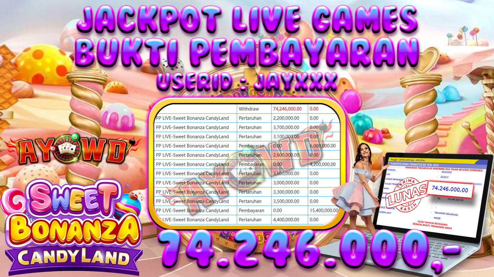 AYOWD JACKPOT LIVE GAMES PP LIVE-Sweet Bonanza CandyLand Rp 74,246,000,- LUNAS