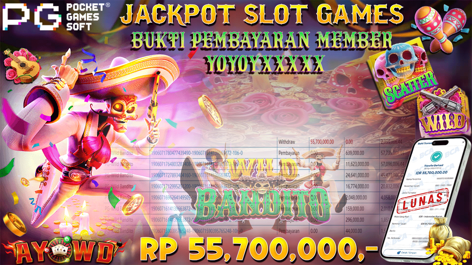 AYOWD JACKPOT SLOT GAMES PG-WILD BANDITO Rp 55,700,000,- LUNAS