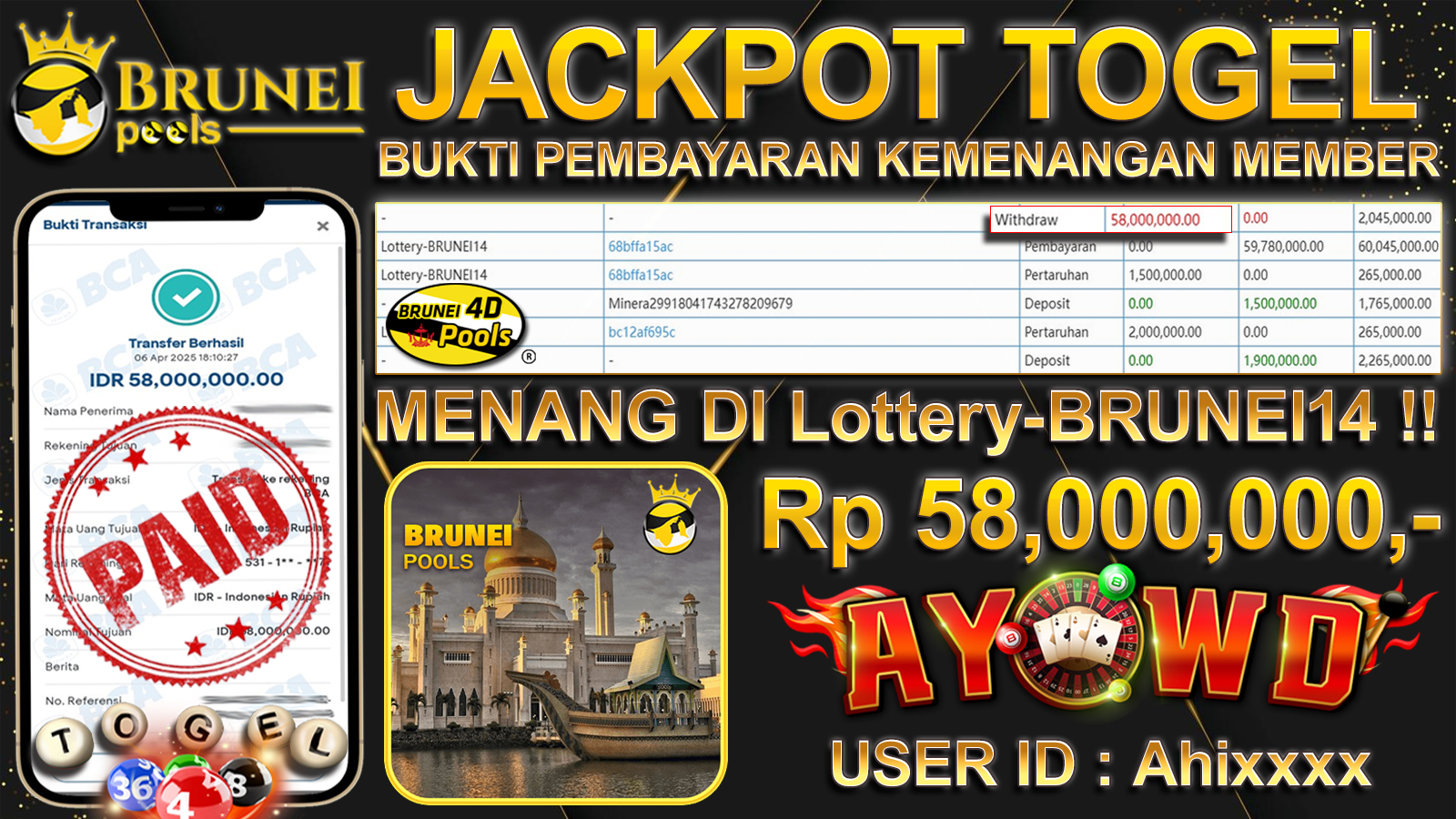 AYOWD JACKPOT TOGEL Lottery-BRUNEI14 Rp 58,000,000,- LUNAS