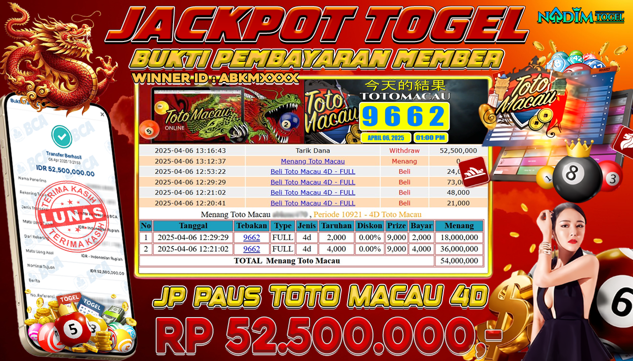 NADIMTOGEL JACKPOT TOGEL TOTO MACAU 4D Rp 52,500,000,- LUNAS