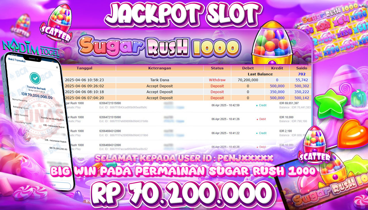 NADIMTOGEL JACKPOT SLOT SUGAR RUSH 1000 Rp 70,200,000,- LUNAS