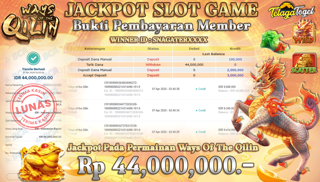 TELAGATOGEL JACKPOT SLOT WAYS OF THE QILIN Rp 44,000,000,- LUNAS 