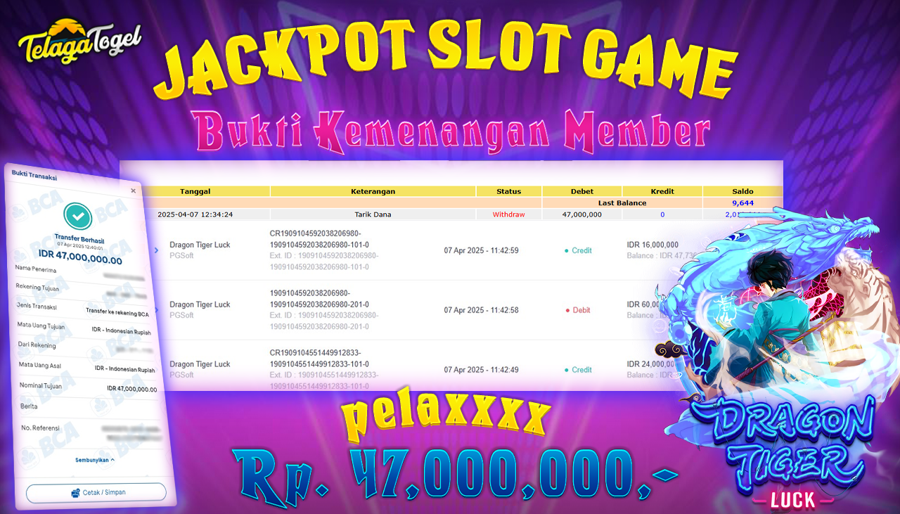 TELAGATOGEL JACKPOT SLOT DRAGON TIGER LUCK Rp 47,000,000,- LUNAS 
