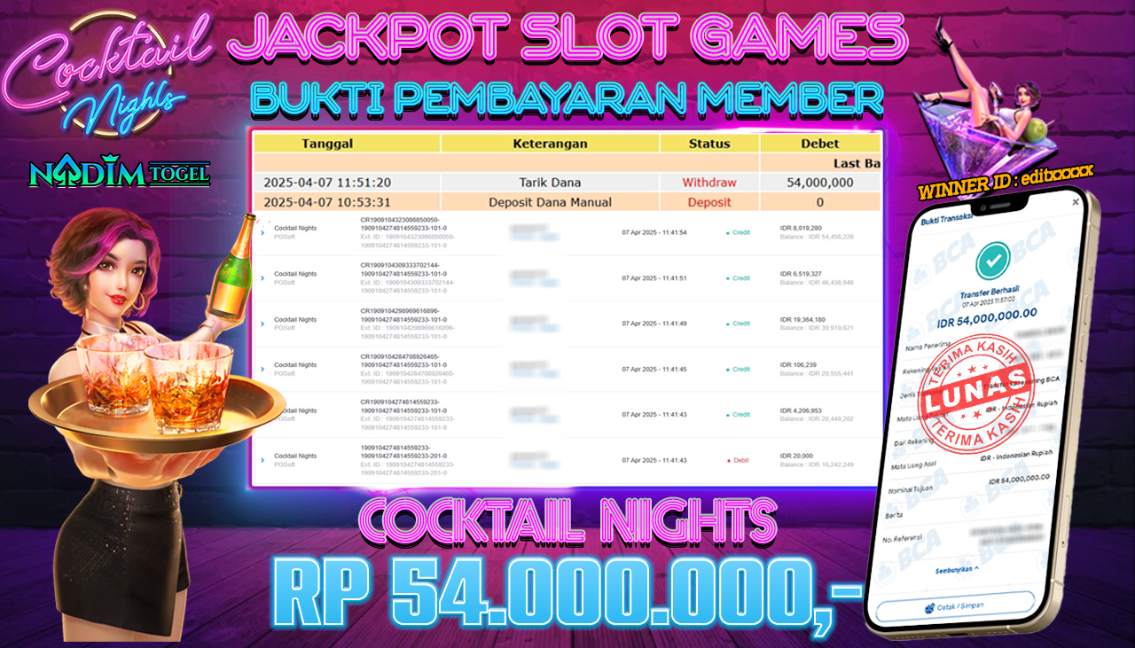 NADIMTOGEL JACKPOT SLOT COCKTAIL NIGHTS Rp 54,000,000,- LUNAS