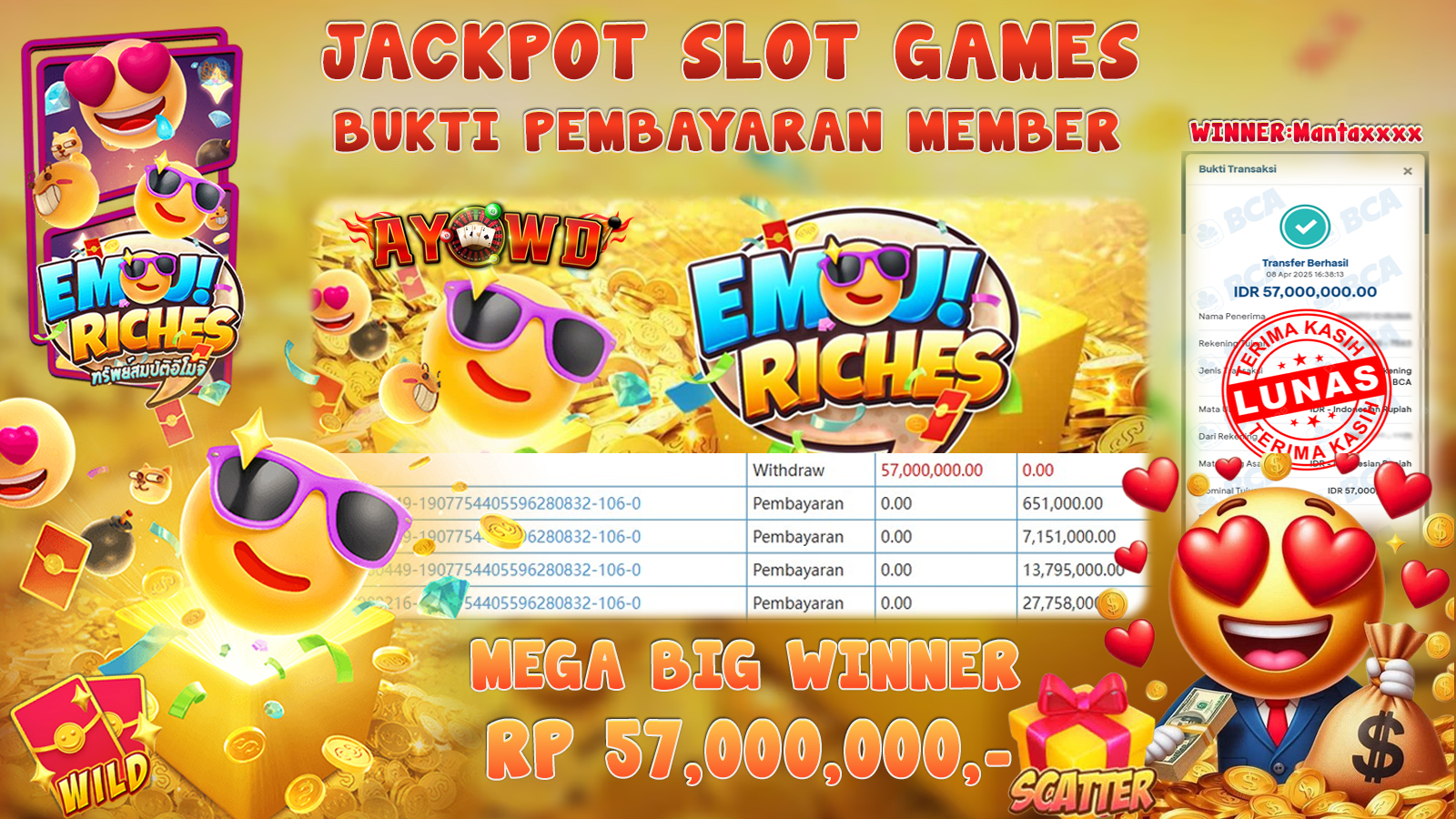 AYOWD JACKPOT SLOT GAMES PG-EMOJI RICHES Rp 57,000,000,- LUNAS