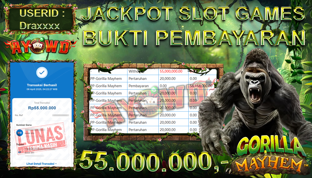 AYOWD JACKPOT SLOT GAMES PP-Gorilla Mayhem Rp 55,000,000,- LUNAS