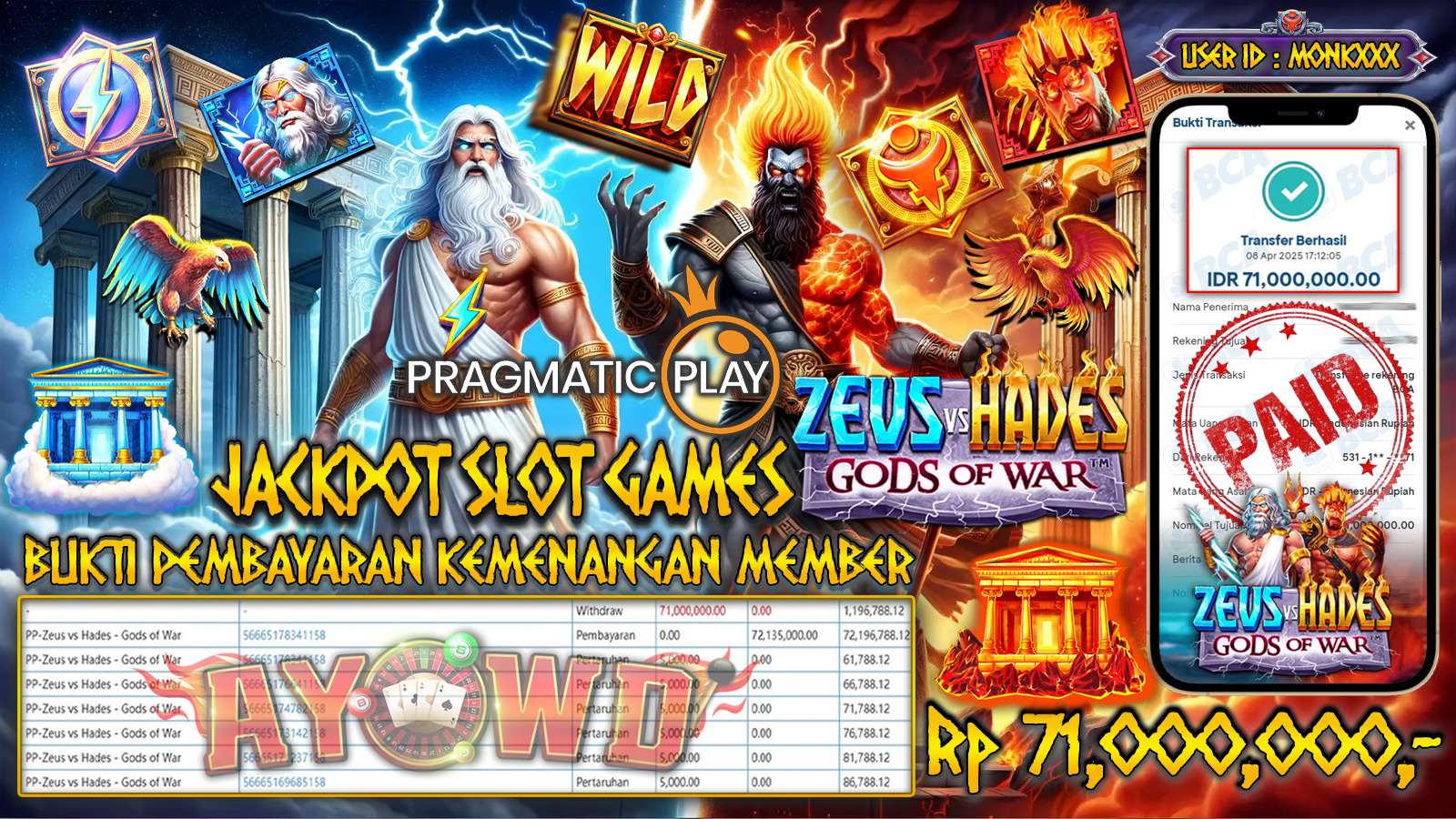 AYOWD JACKPOT SLOT GAMES PP-ZEUS VS HADES Gods Of War Rp 71,000,000,- LUNAS