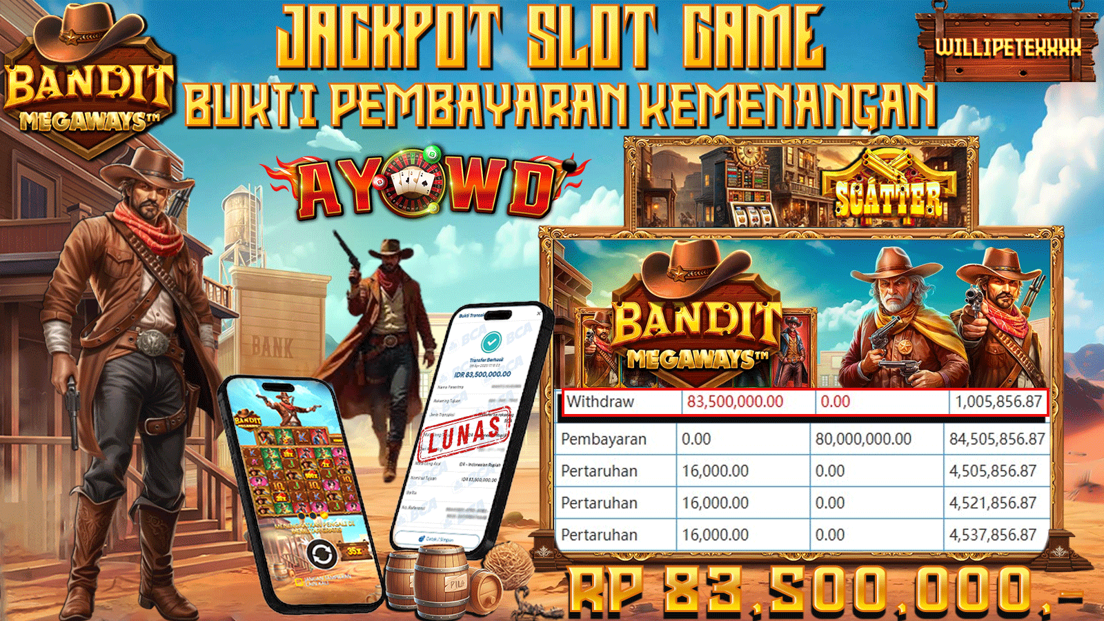 AYOWD JACKPOT SLOT GAME PP-Bandit Megaways™ Rp 83,500,000,- LUNAS