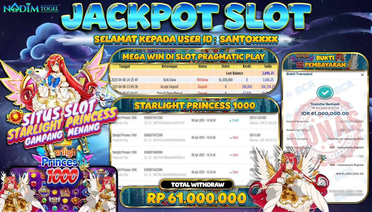 NADIMTOGEL JACKPOT SLOT STARLIGHT PRINCESS 1000 Rp 61.000.000,- LUNAS