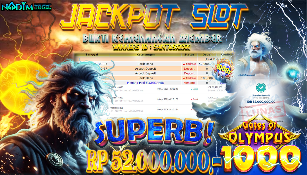 NADIMTOGEL JACKPOT SLOT GATES OF OLYMPUS 1000 Rp 52,000,000,- LUNAS