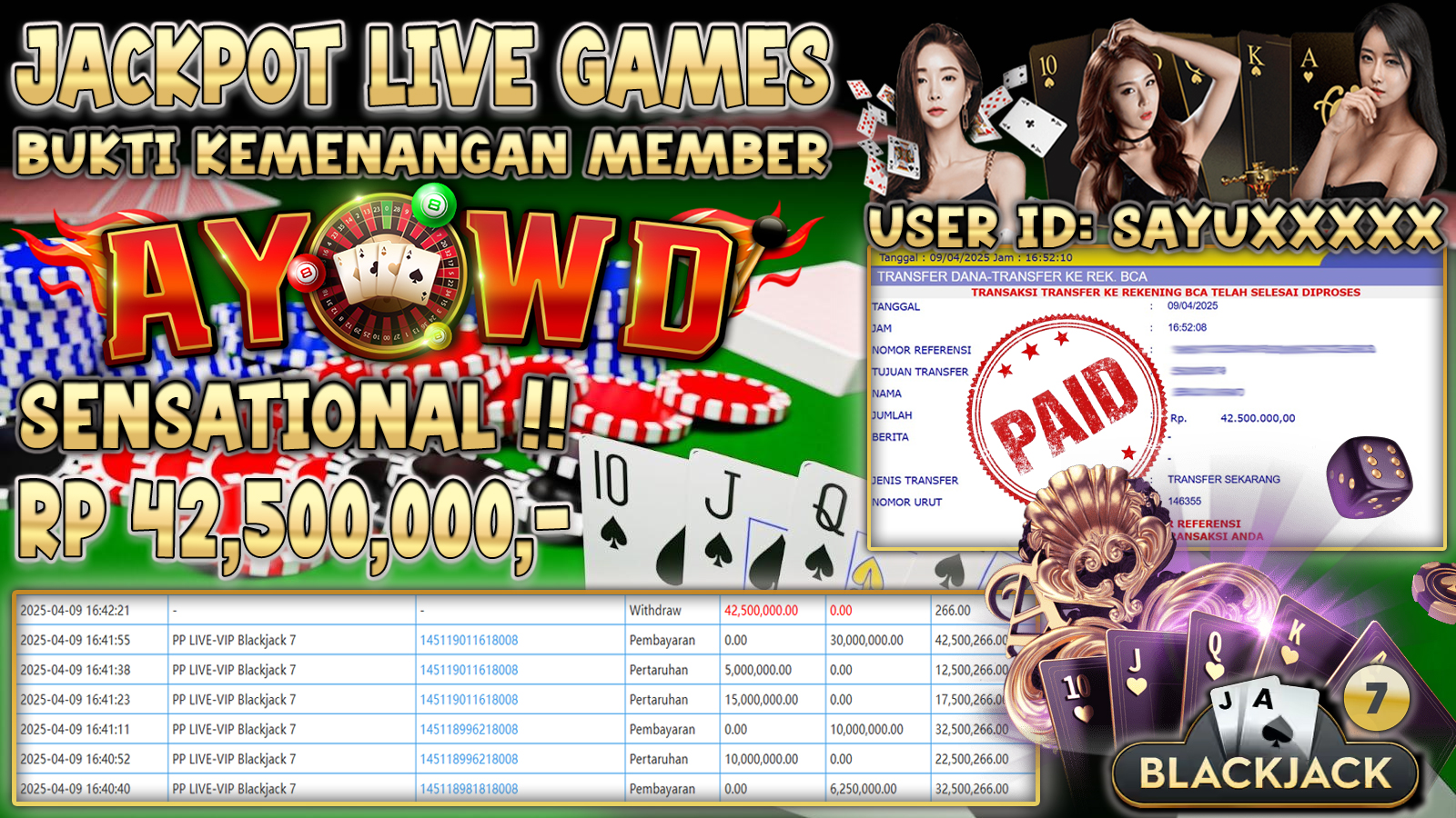 AYOWD JACKPOT LIVE GAMES PP LIVE-VIP Blackjack 7 Rp 42,500,000,- LUNAS