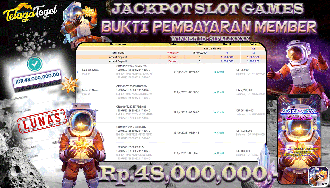 TELAGATOGEL JACKPOT SLOT GALACTIC GEMS Rp 48,000,000,- LUNAS 