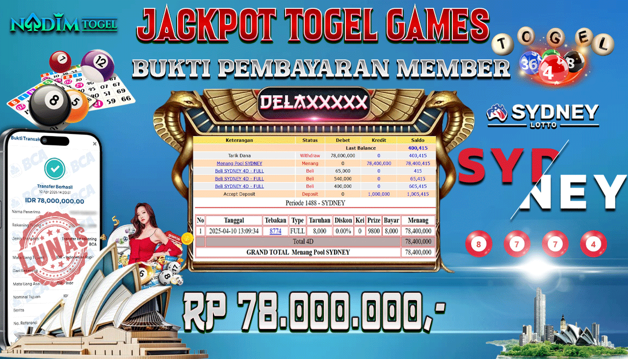 NADIMTOGEL JACKPOT TOGEL SYDNEY LOTTO Rp 78.000.000,- LUNAS