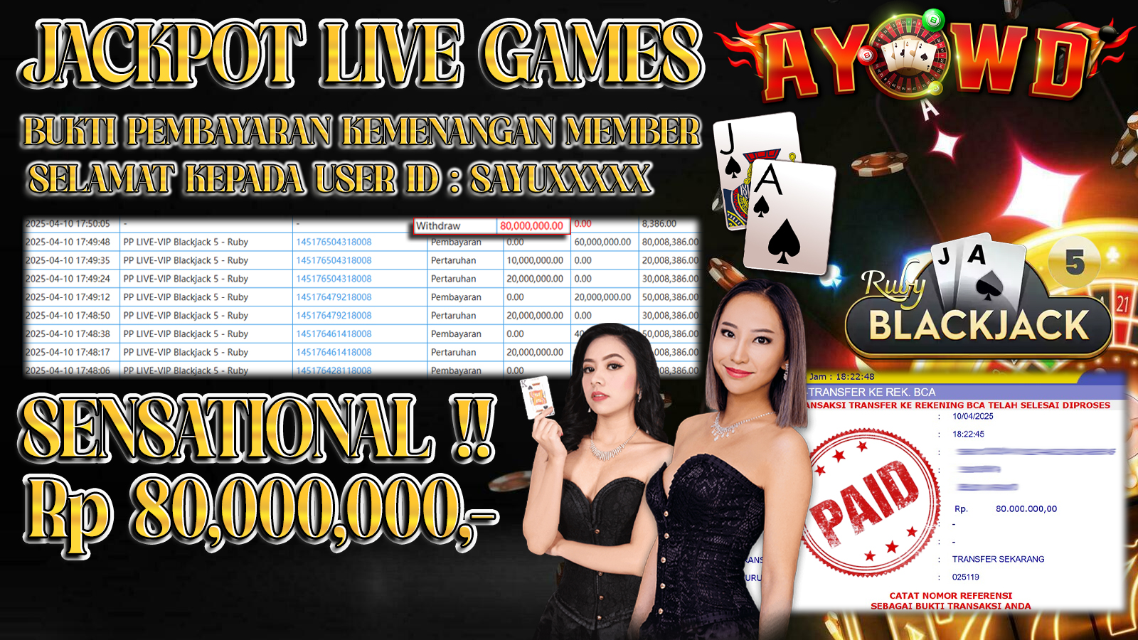 AYOWD JACKPOT LIVE GAMES PP LIVE-VIP Blackjack 5 - Ruby 80,000,000 LUNAS