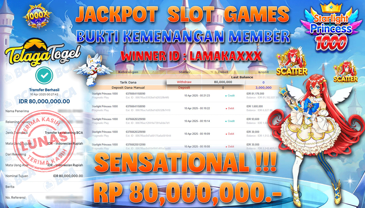 TELAGATOGEL JACKPOT SLOT STARLIGHT PRINCESS 1000 Rp 80,000,000,- LUNAS 