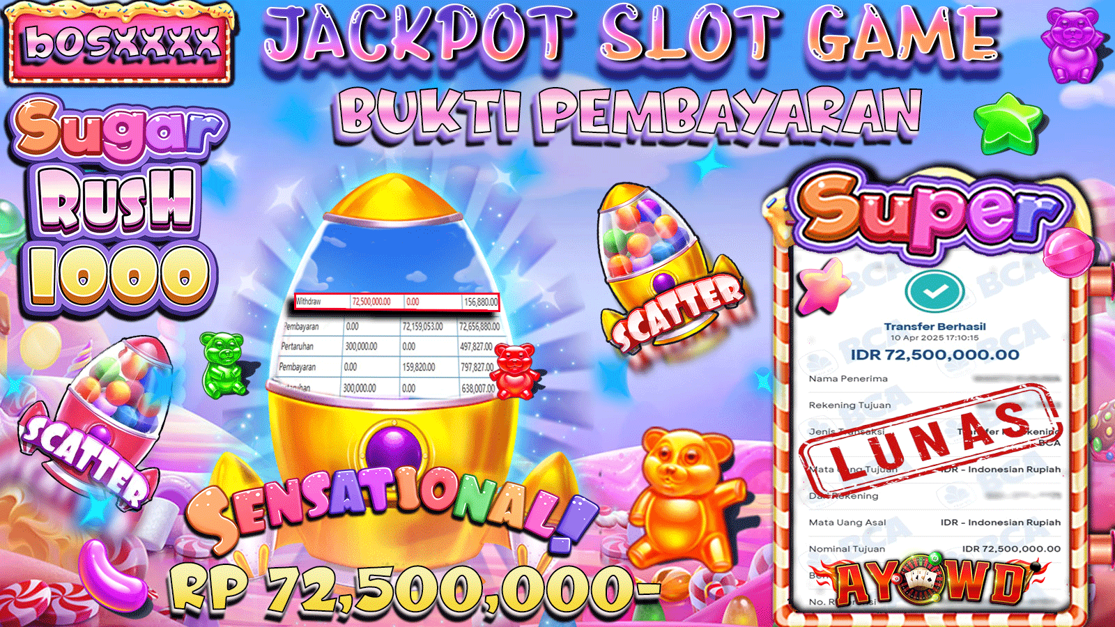 AYOWD JACKPOT SLOT GAMES PP-SUGAR RUSH 1000 Rp 72.500.000,  LUNAS