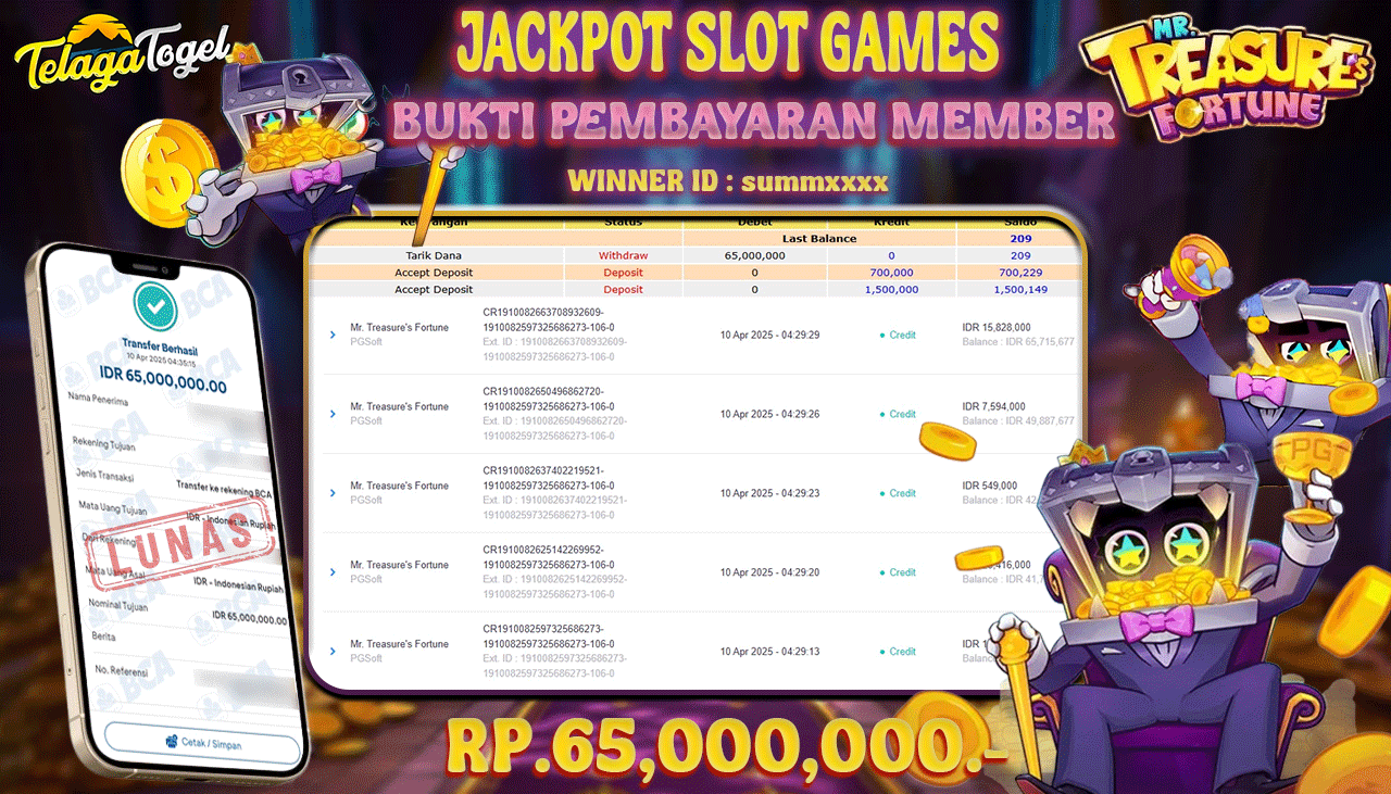 TELAGATOGEL JACKPOT SLOT MR.TREASURE FORTUNE Rp 65,000,000,- LUNAS 