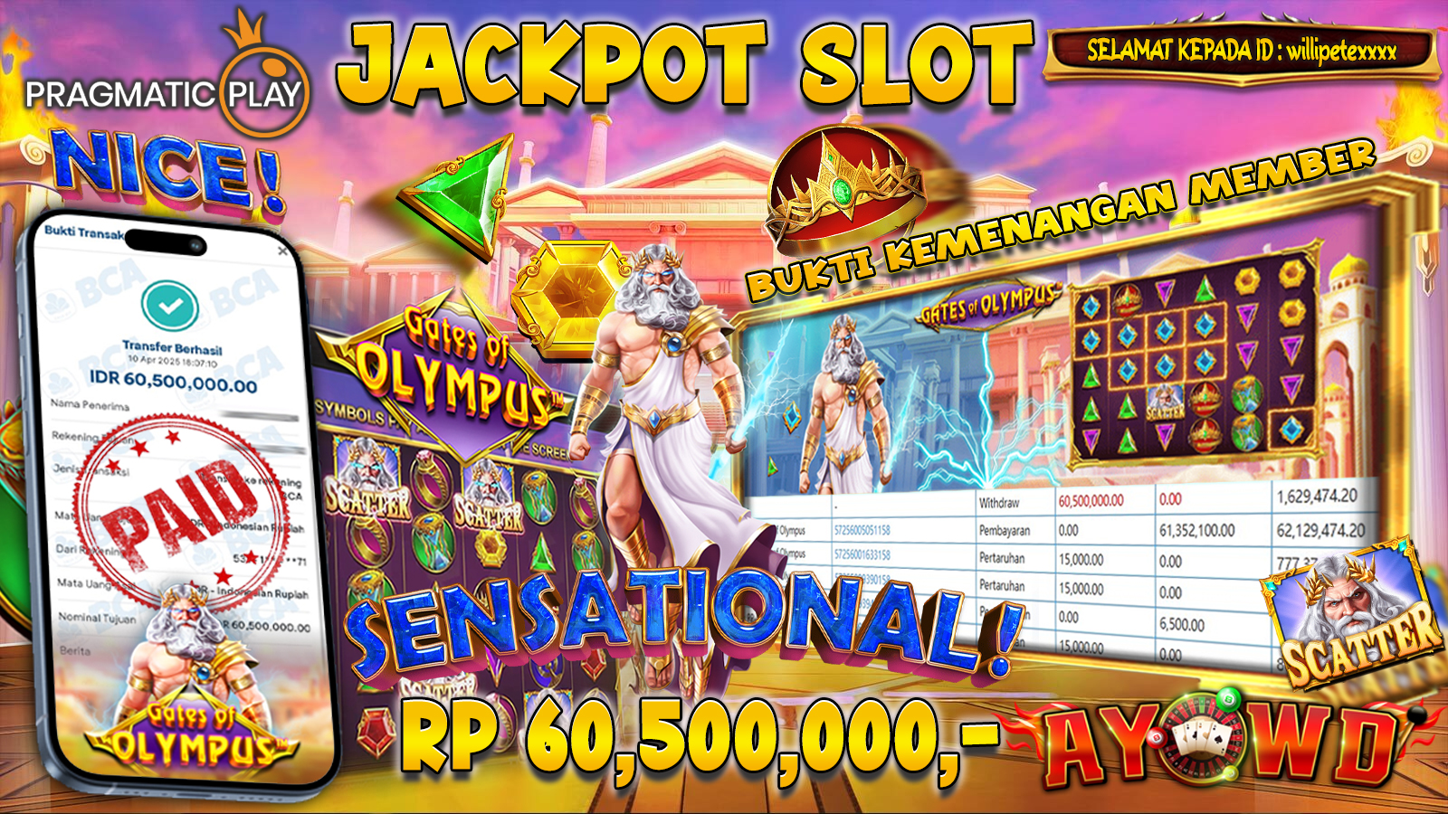AYOWD JACKPOT SLOT GAMES PP-Gates of Olympus Rp 60.500.000,  LUNAS