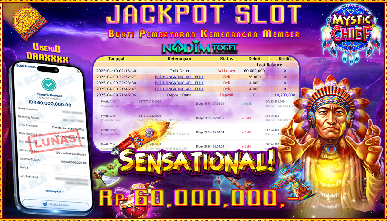 NADIMTOGEL JACKPOT SLOT MYSTIC CHIEF Rp 60,000,000,- LUNAS