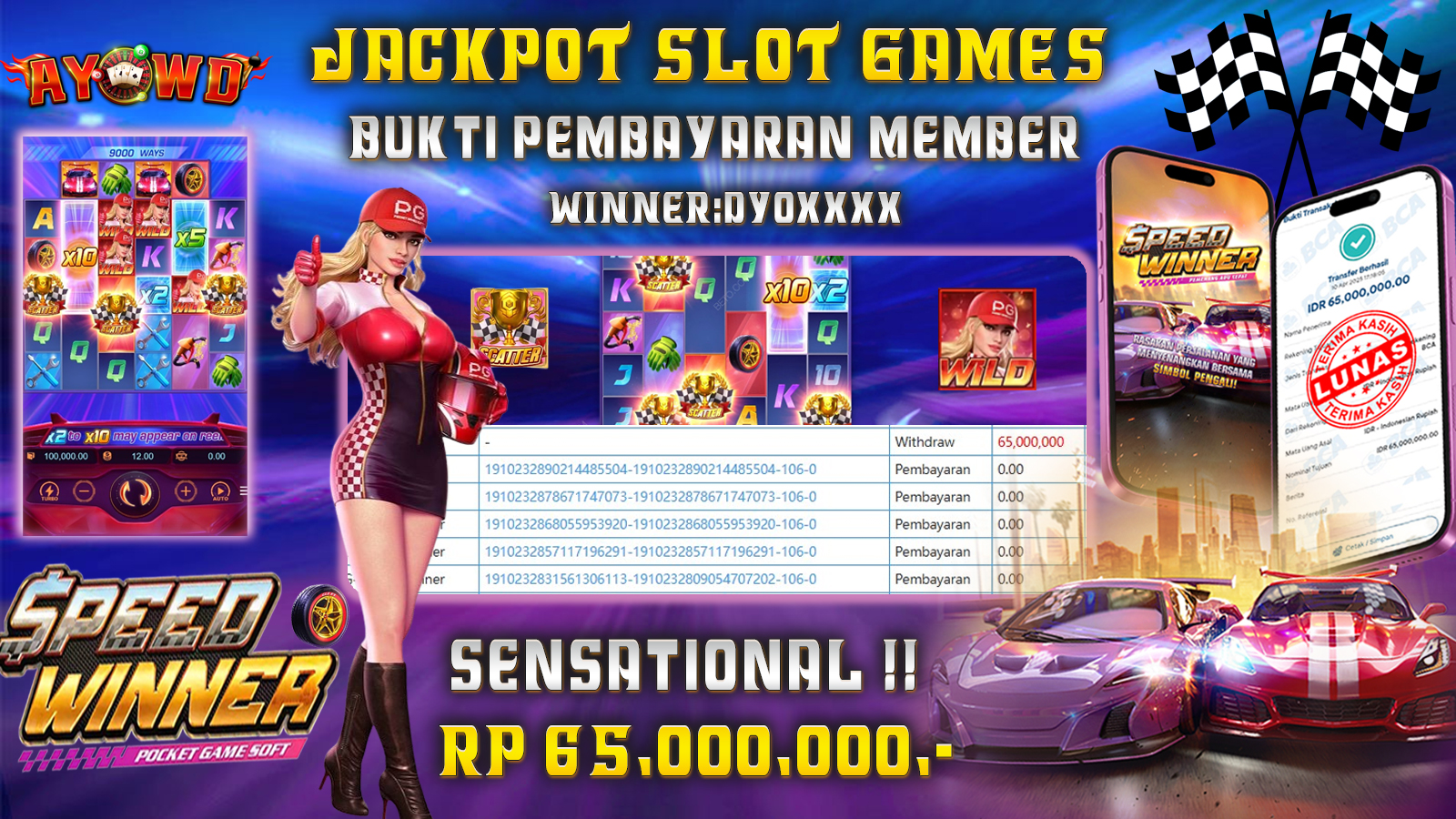 AYOWD JACKPOT SLOT GAMES PG-SPEED WINNER Rp 65,000,000,- LUNAS