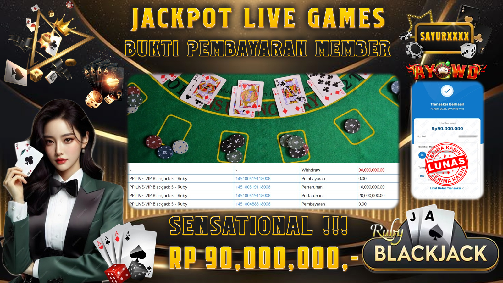 AYOWD JACKPOT LIVE GAMES PP LIVE-VIP Blackjack 5 - Ruby 90,000,000 LUNAS