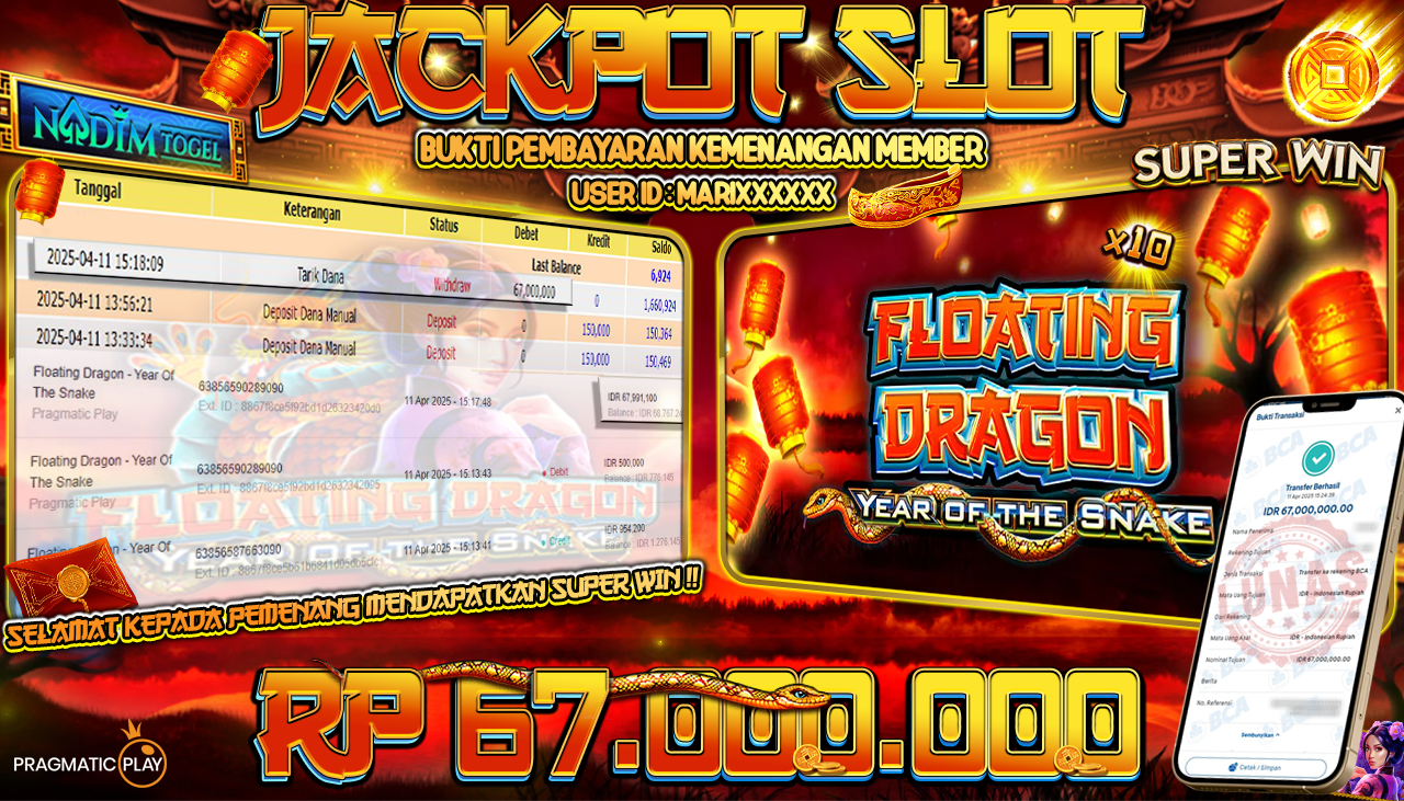 NADIMTOGEL JACKPOT SLOT Floating Dragon - Year Of The Snake Rp 67.000.000,- LUNAS