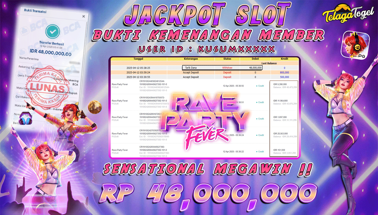 TELAGATOGEL JACKPOT SLOT RAVE PARTY FEVER Rp 48,000,000,- LUNAS 