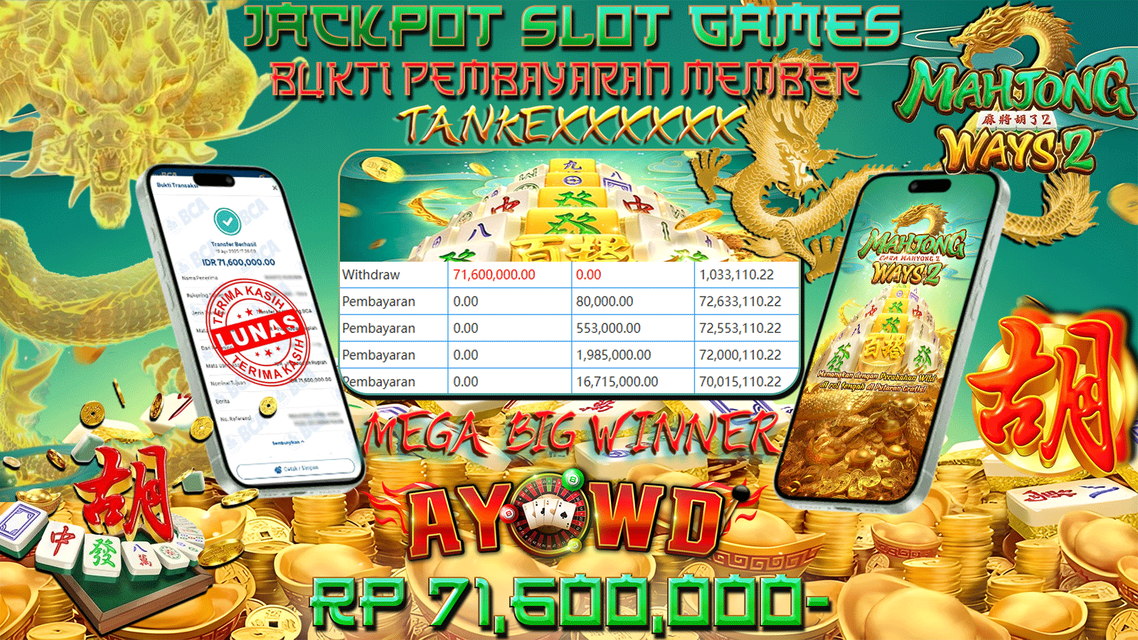 AYOWD JACKPOT SLOT GAMES PG-MAHJONG WAYS 2 Rp 71,600,000 LUNAS