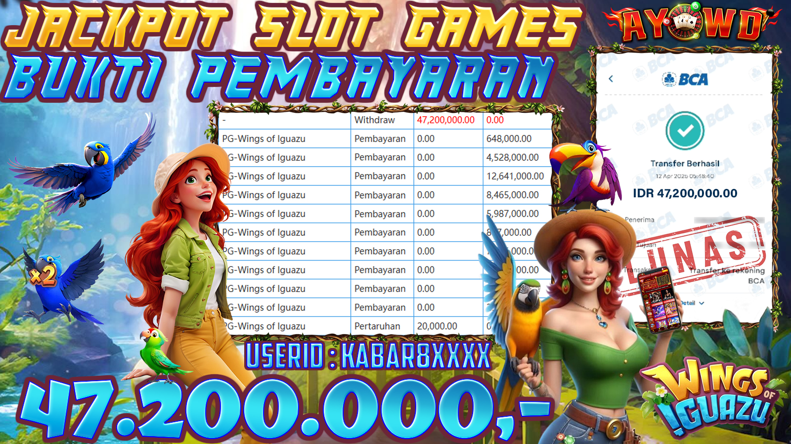 AYOWD JACKPOT SLOT GAME PG-Wings of Iguazu 47,200,000 LUNAS