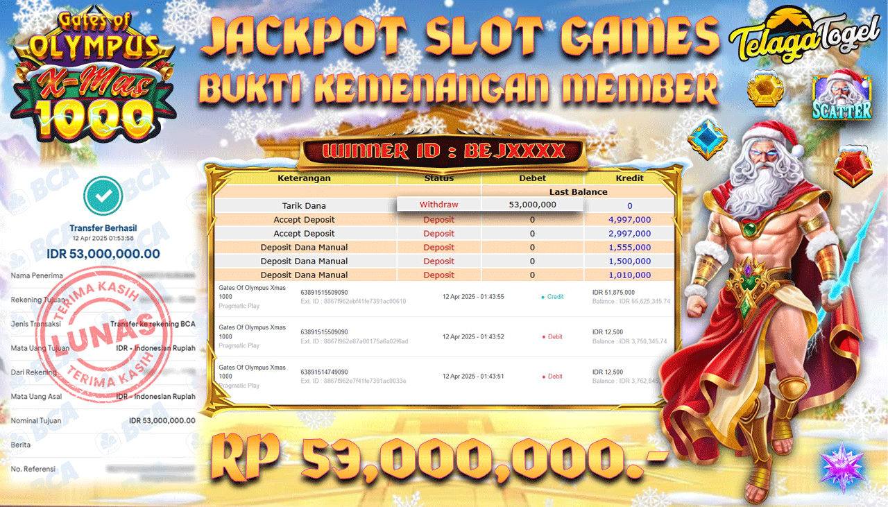 TELAGATOGEL JACKPOT SLOT GATES OF OLYMPUS XMAS 1000 Rp 53,000,000,- LUNAS 