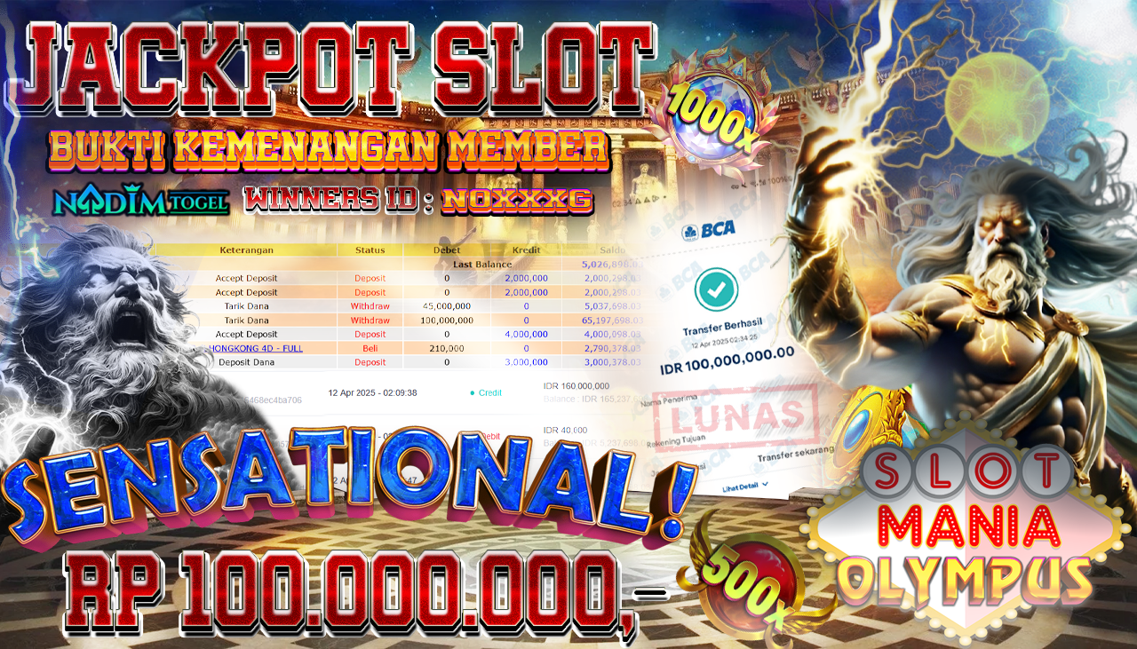 NADIMTOGEL JACKPOT SLOT MANIA OLYMPUS Rp 100,000,000,- LUNAS