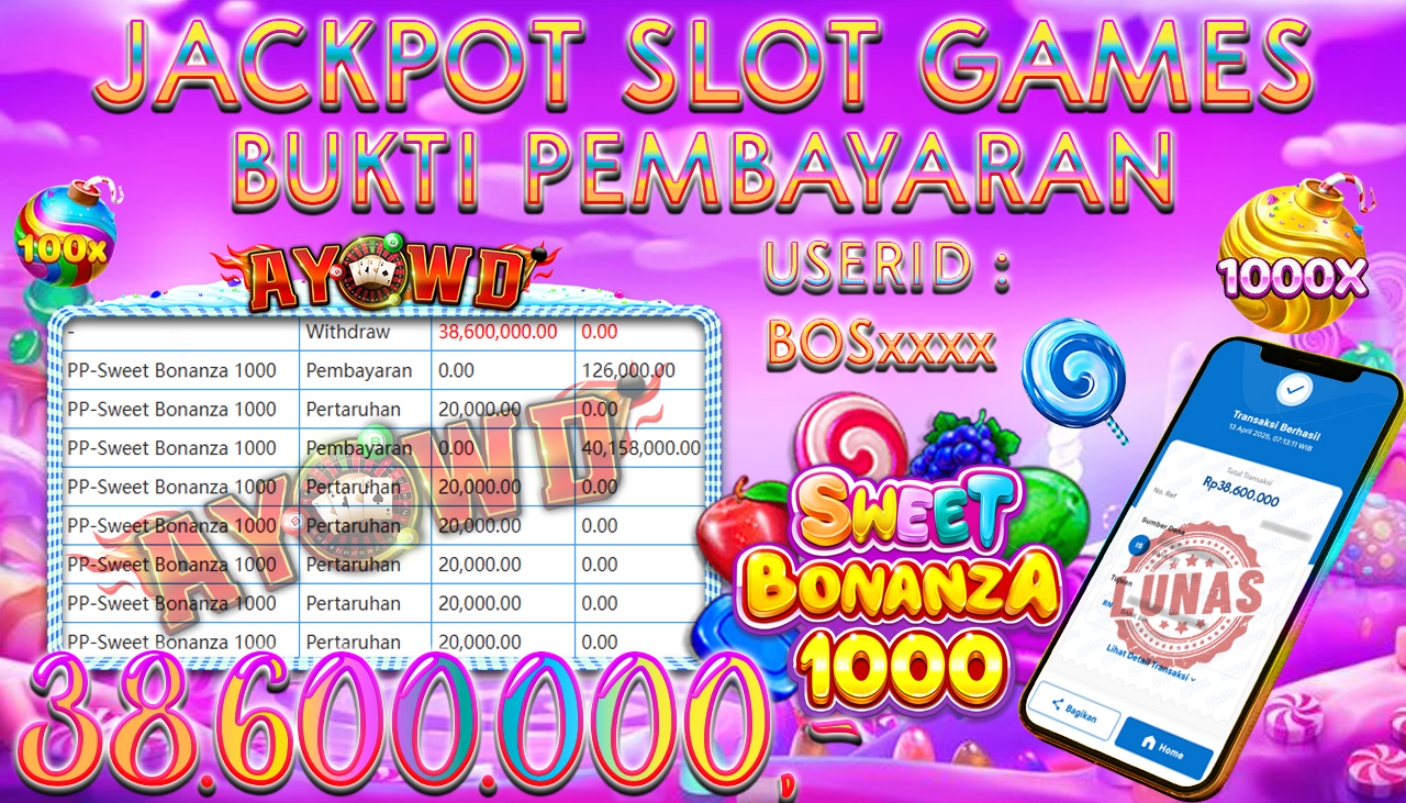 AYOWD JACKPOT SLOT GAMES PP-Sweet Bonanza 1000 Rp 38,600,000 LUNAS