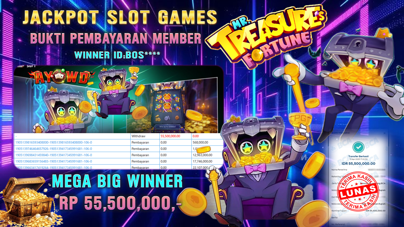 AYOWD JACKPOT SLOT GAMES PG-MR.TREASURES FORTUNE Rp 55,500,000 LUNAS