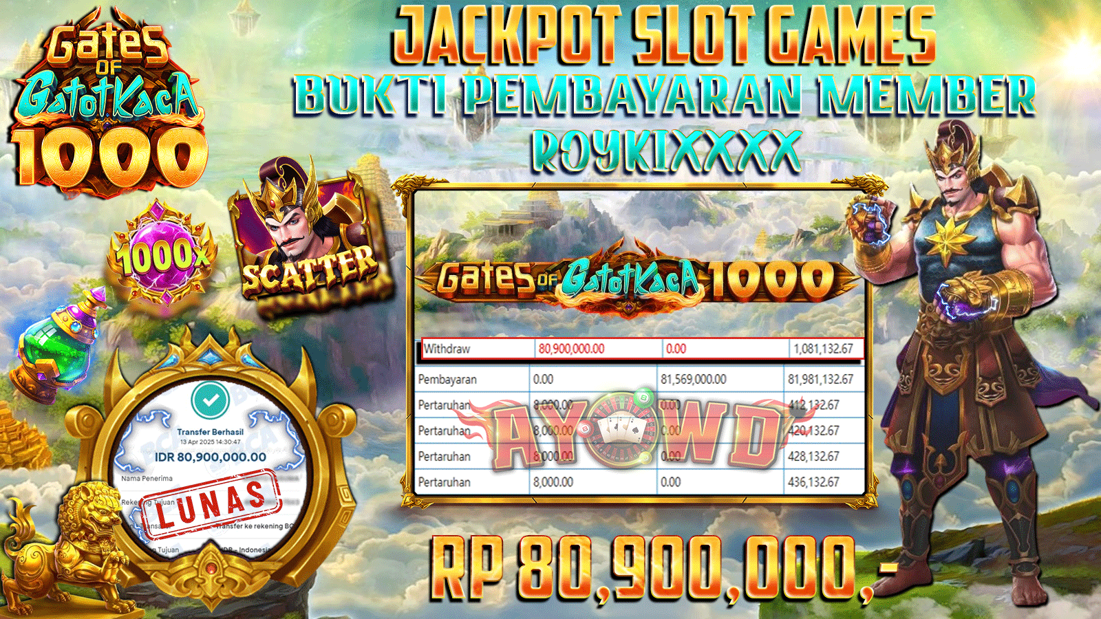 AYOWD JACKPOT SLOT GAMES PP-Gates of Gatot Kaca 1000 Rp 80,900,000 LUNAS