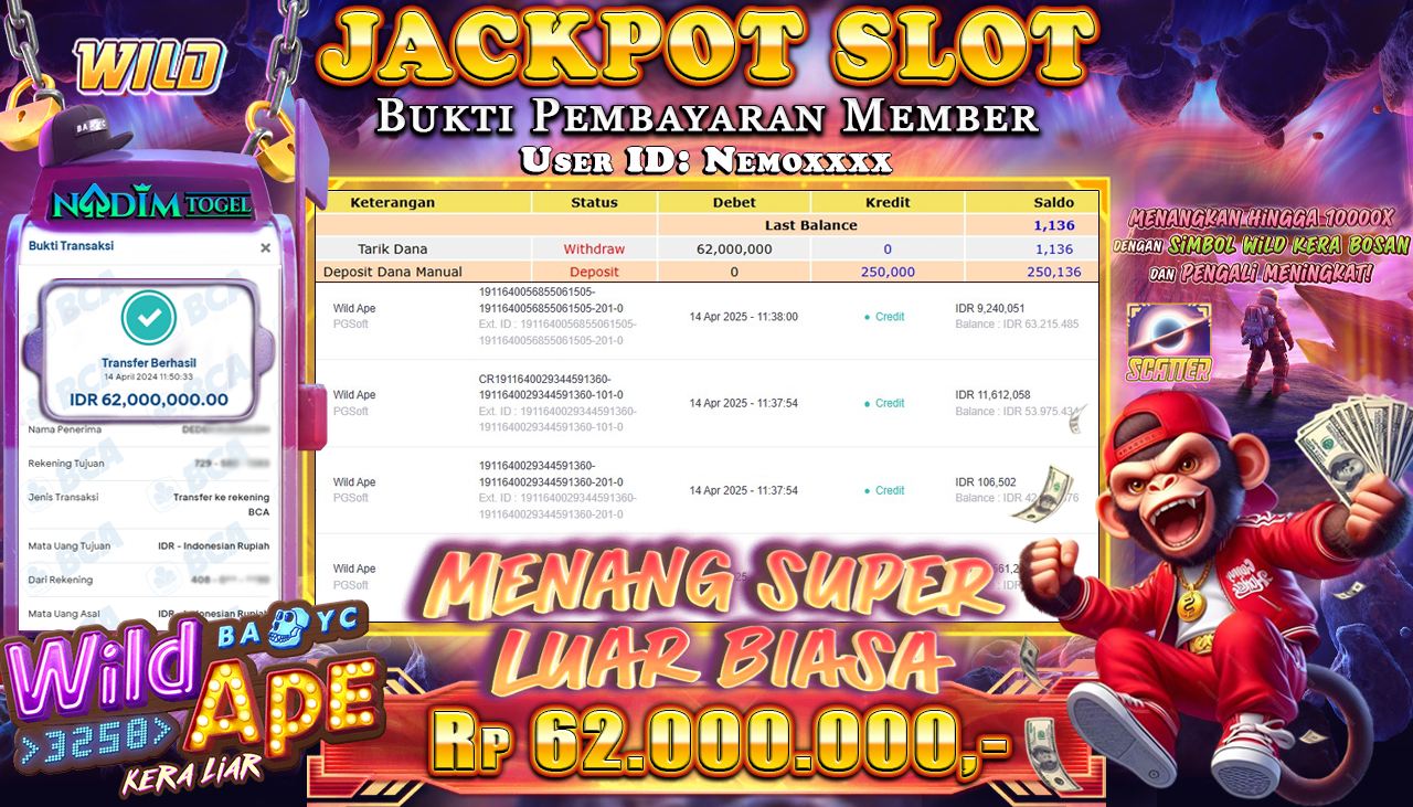 NADIMTOGEL JACKPOT SLOT WILD APE - PGsoft Rp. 62.000.000,- LUNAS