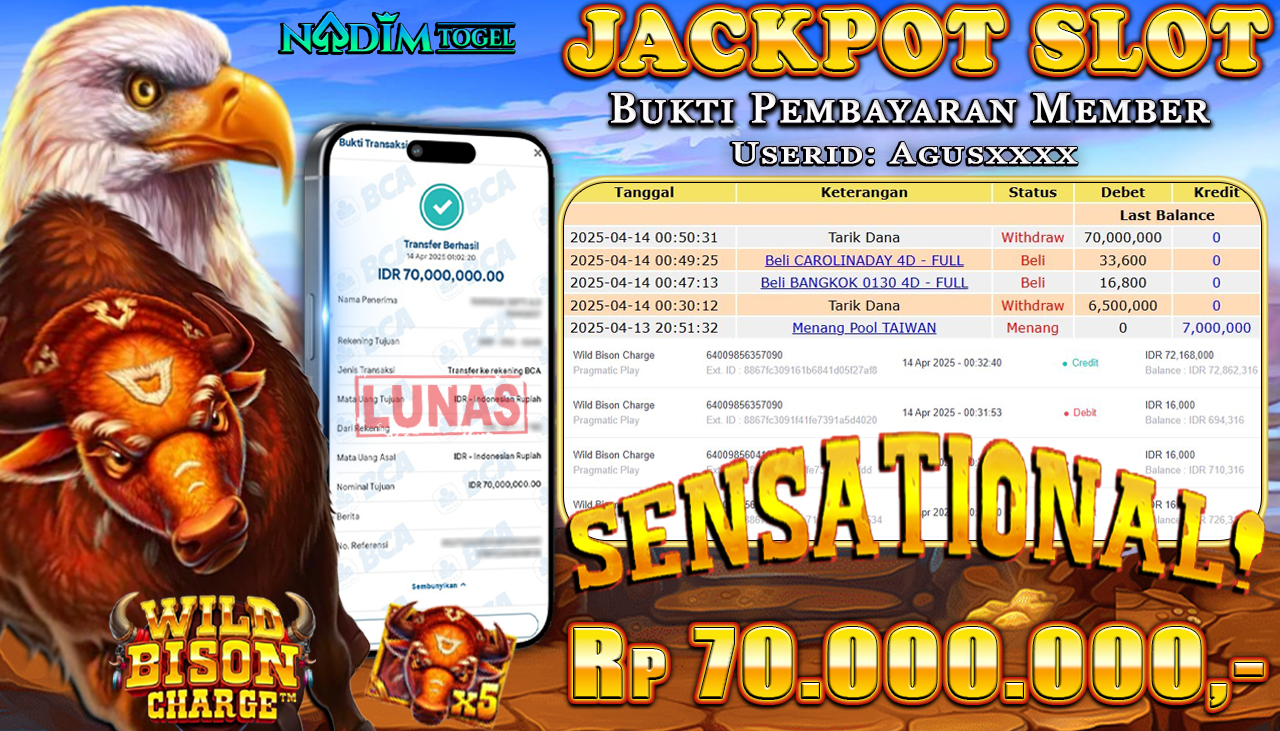 NADIMTOGEL JACKPOT SLOT WILD BISON CHARGE Rp. 70.000.000,- LUNAS