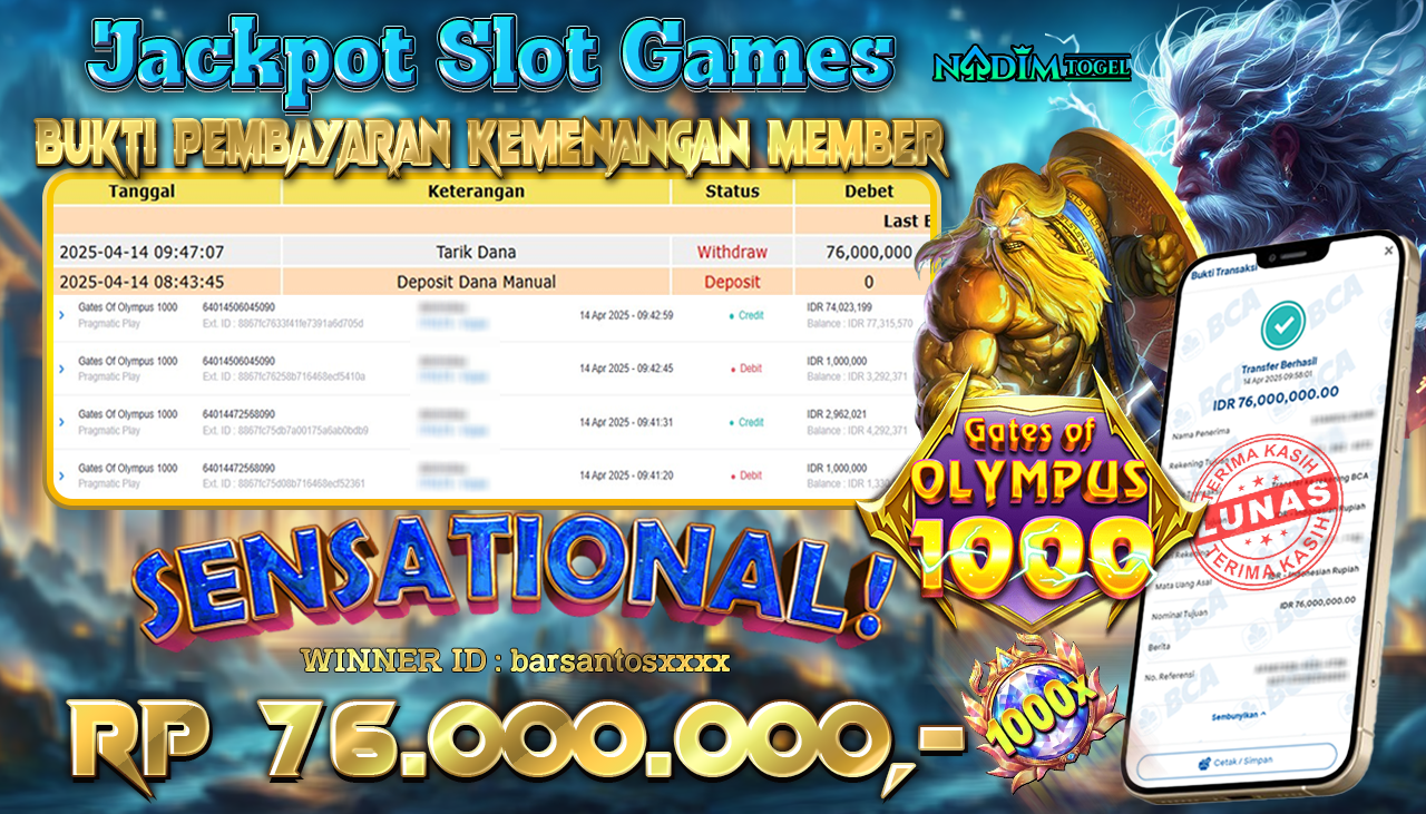 NADIMTOGEL JACKPOT SLOT GATES OF OLYMPUS 1000 Rp. 76.000.000,- LUNAS