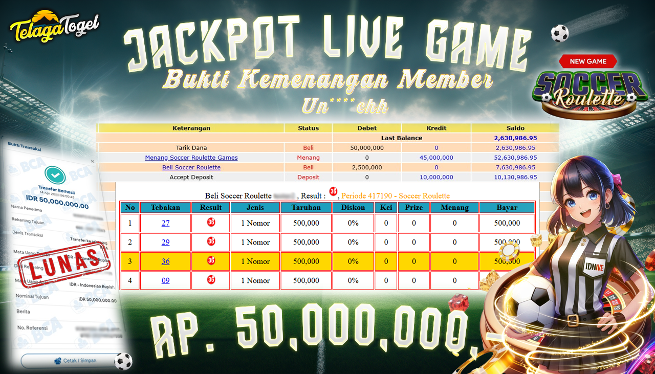 TELAGATOGEL JACKPOT LIVE GAMES SOCCER ROULETTE Rp 50,000,000,- LUNAS 