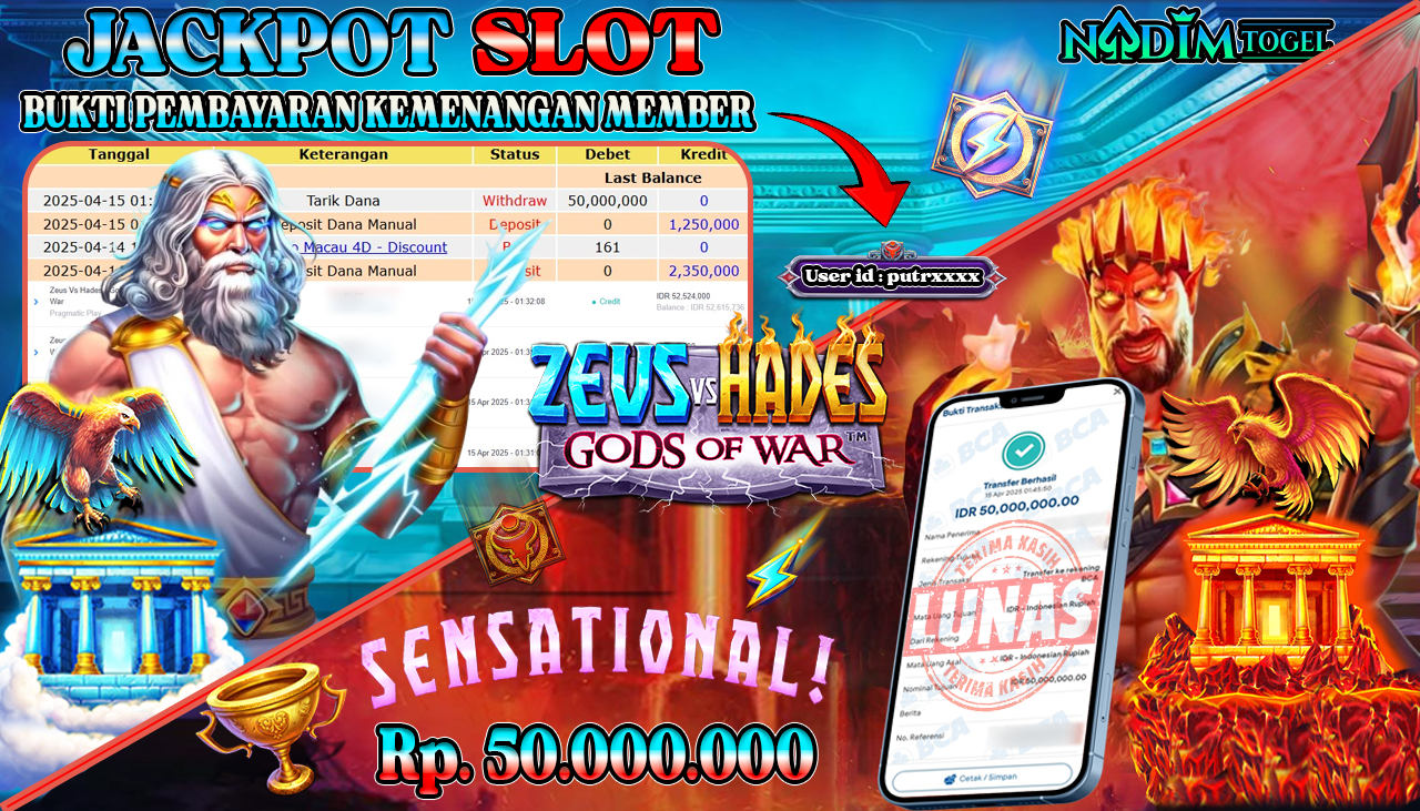NADIMTOGEL JACKPOT SLOT ZEUS Vs HADES - GODS OF WAR  Rp. 50.000.000,- LUNAS