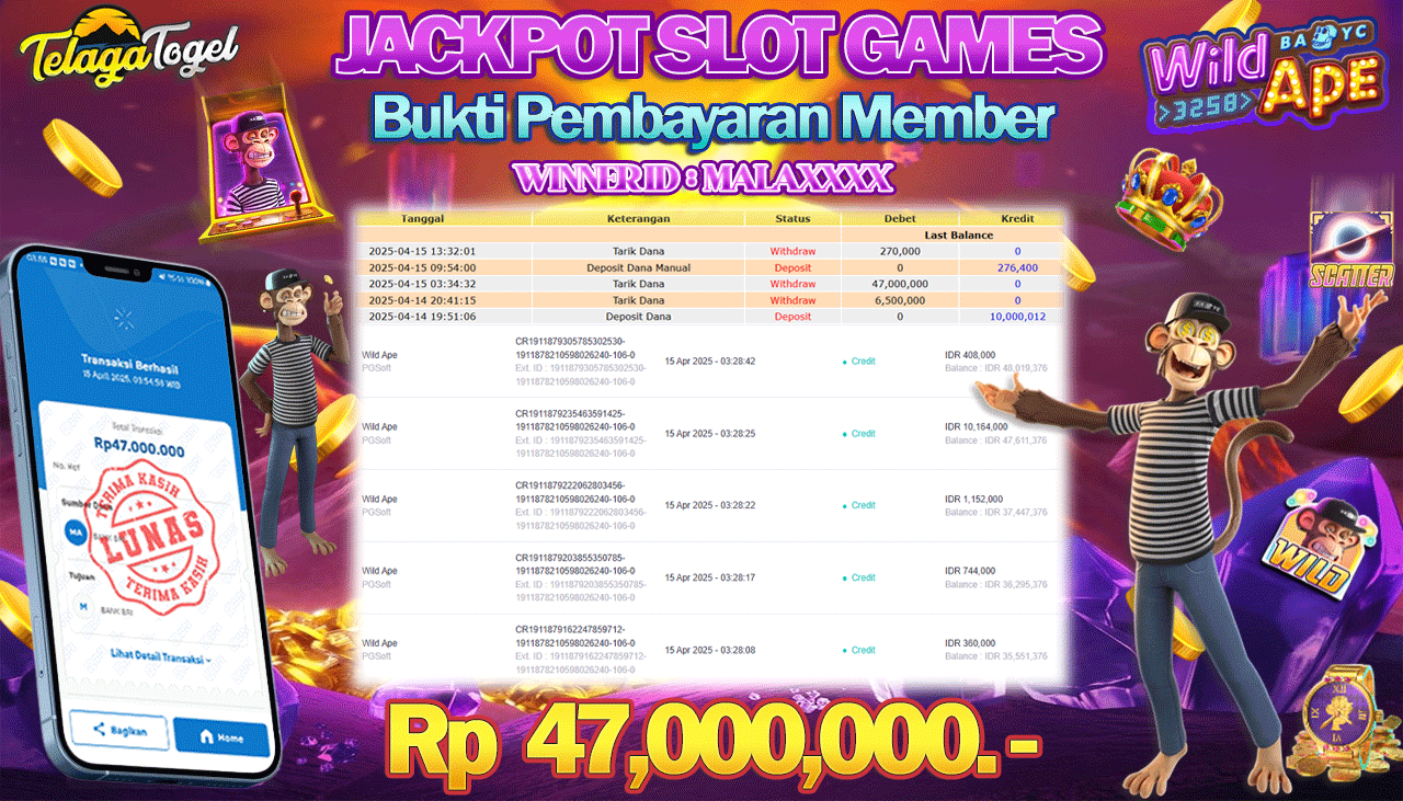 TELAGATOGEL JACKPOT SLOT WILD APE Rp 47,000,000,- LUNAS 