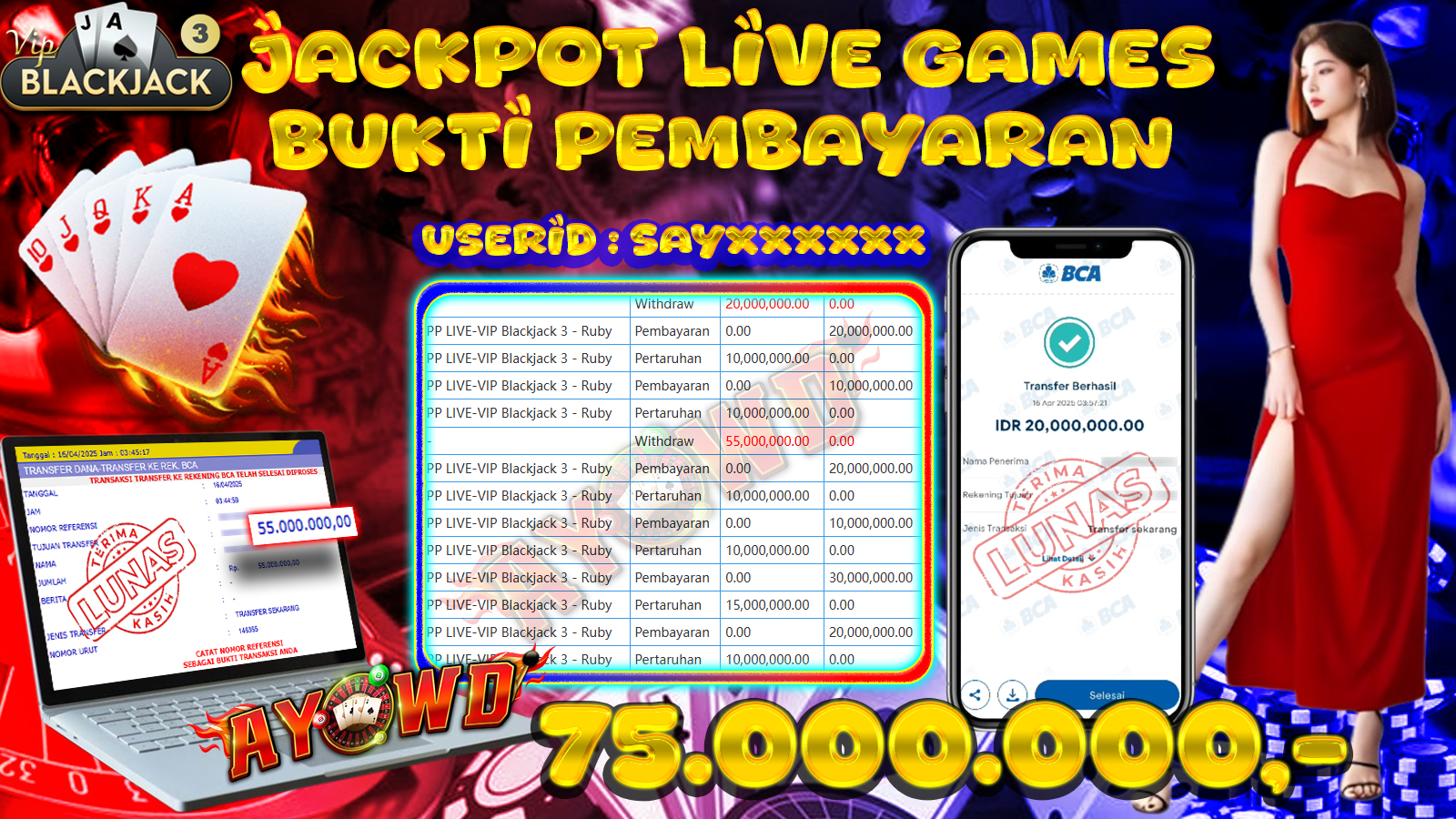 AYOWD JACKPOT LIVE GAMES  PP LIVE-VIP Blackjack 3 - Ruby Rp 75,000,000 LUNAS