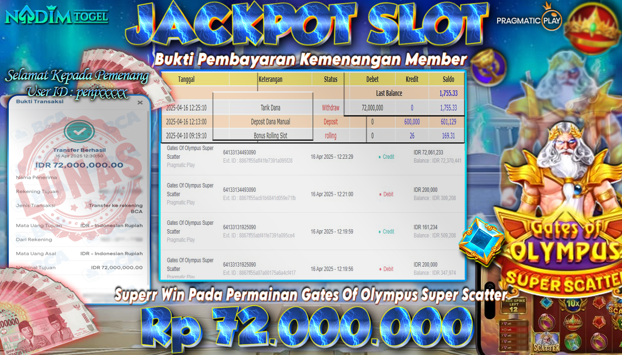NADIMTOGEL JACKPOT SLOT GATES OF OLYMPUS SUPER SCATTER Rp 72.000.000,- LUNAS