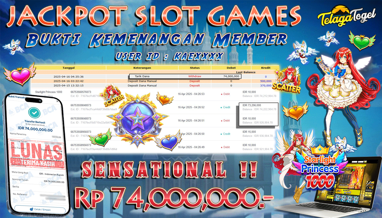 TELAGATOGEL JACKPOT SLOT STARLIGHT PRINCESS 1000 Rp 74,000,000,- LUNAS 
