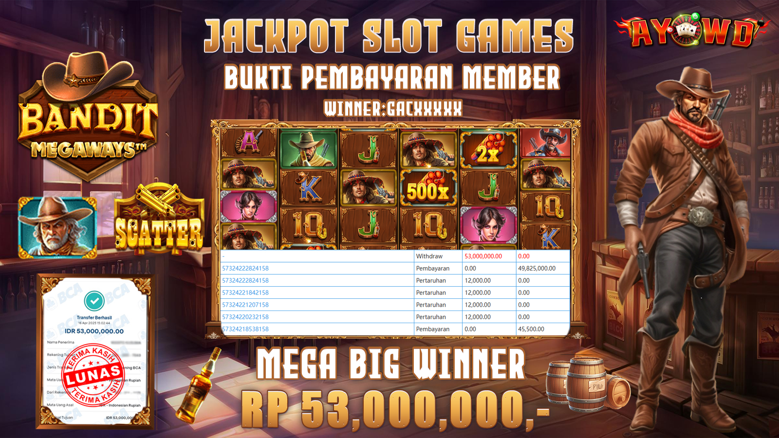 AYOWD JACKPOT SLOT GAMES PP-BANDIT MEGAWAYS  Rp 53,000,000 LUNAS