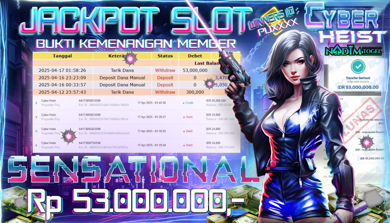 NADIMTOGEL JACKPOT SLOT CYBER HEIST Rp.53.000.000,- LUNAS