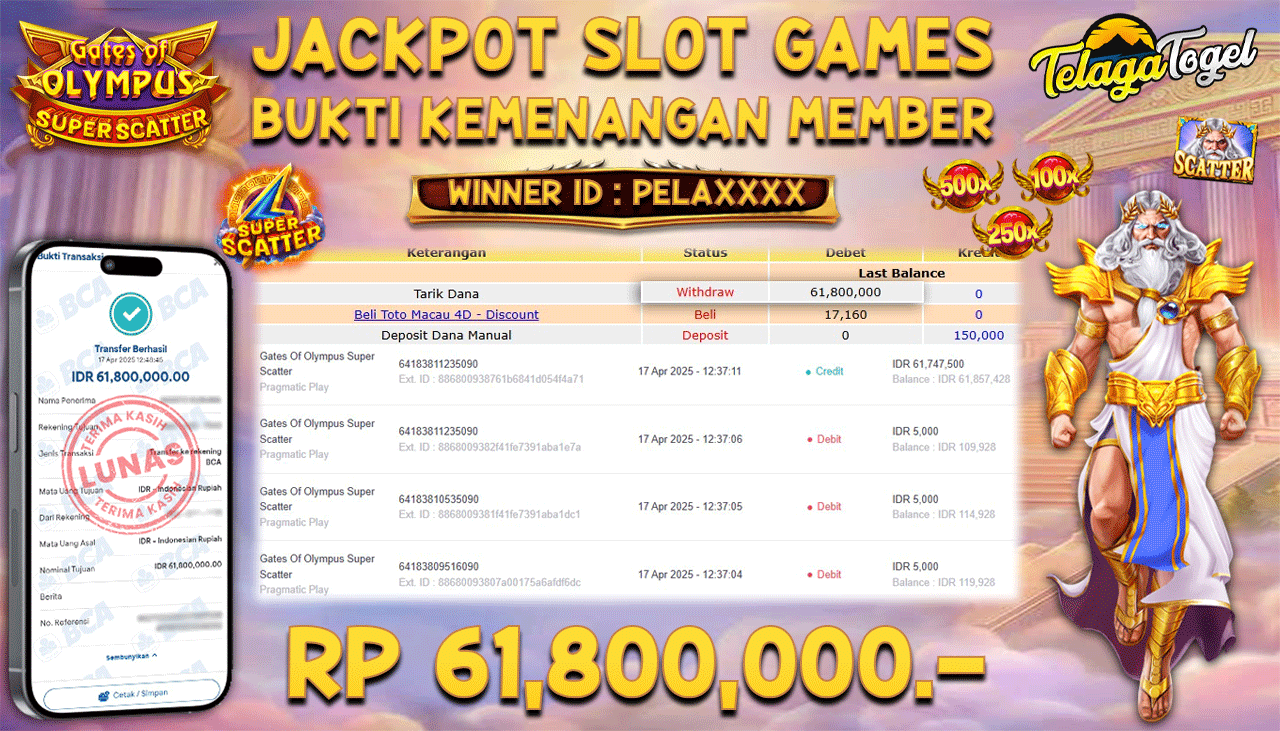 TELAGATOGEL JACKPOT SLOT GATES OF OLYMPUS SUPER SCATTER Rp 61,800,000,- LUNAS 